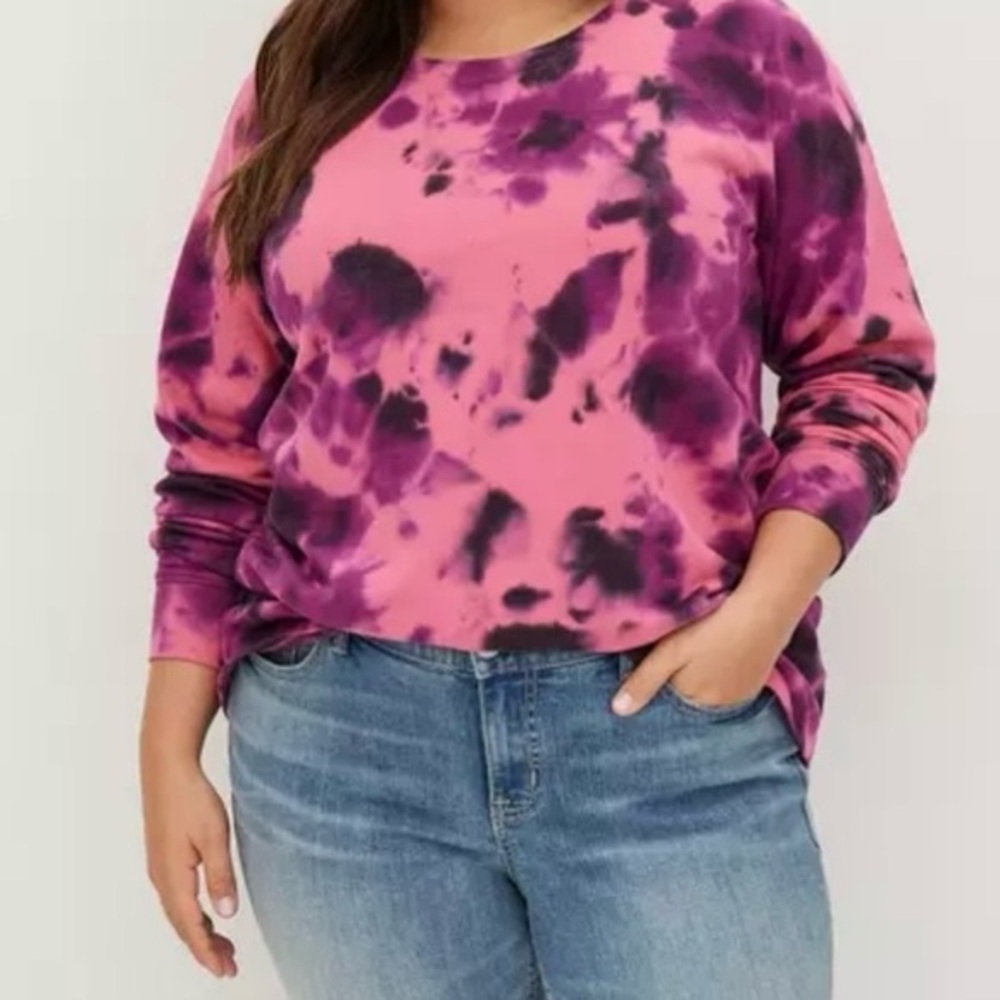 TORRID 1X Classic Fit Cozy Fleece Crew Neck Raglan Tunic Pink Tie Dye Sweatshirt